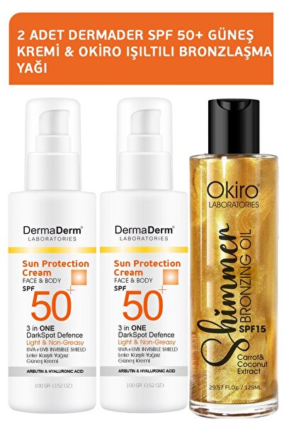 DermaDerm SPF 50+ Güneş Kremi 2x100ml. ve Okiro Shimmer Bronzlaşma Yağı 100ml.
