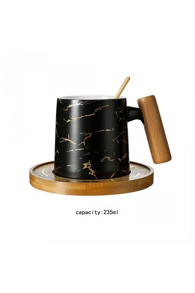 Miniso Marble Ceramic Mug with Wood Handle with Coaster & Spoon, 235mL (Black)