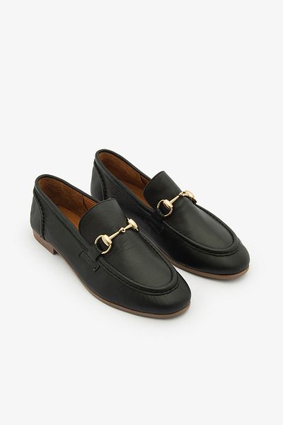 SAYL Black Genuine Leather Women's Loafer Gold Buckle Ballerina Loafer Shoes