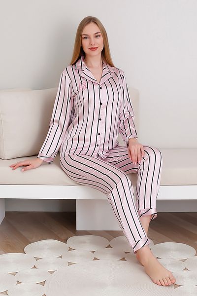 ERDENİZ TEKSTİL Satin Women's Pajamas Set with Logo and Striped Nightgown Pajamas with Buttons on the Front