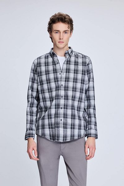 Hatemoğlu Γκρι Slim Fit καρό μακρυμάνικο βαμβακερό πουκάμισο με γιακά