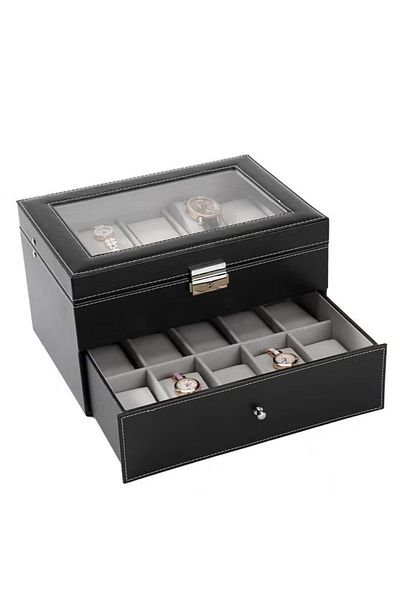 fulina Watch Storage Box,20 Compartment Double Elegant Wooden Carbon Fiber Design,with Glass Lid,Black