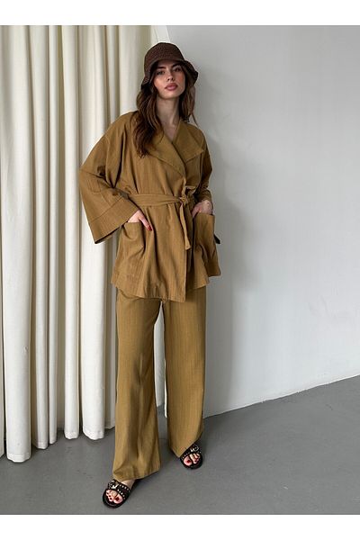 Laluvia Mustard Romina Raw Linen Jacket Trousers Set - 8447