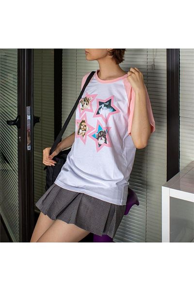 Köstebek Λευκό Raglan All Star Cats (UNISEX) T-shirt με ροζ μανίκια