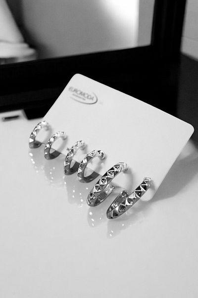 EUROMODA 3 Size Serrated Silver and Gold Colors Set of 3 Earrings with Hoop Earrings