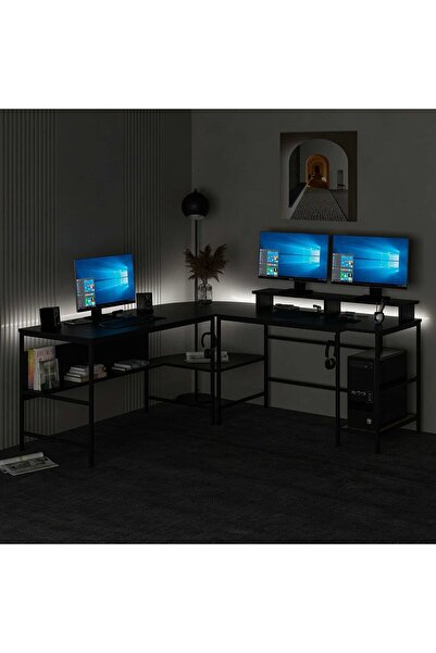 Minar Greta Köşe Masa Set (Led Işıklı) - Mat Siyah