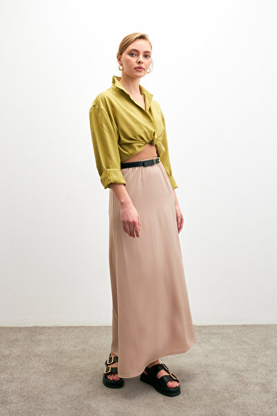 Bipantolon Women's Cream Elastic Waist Flowy Satin Flared Skirt