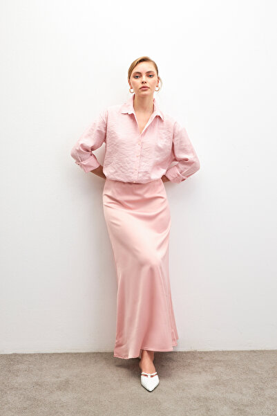 Bipantolon Women's Pink Elastic Waist Flowy Satin Flared Skirt