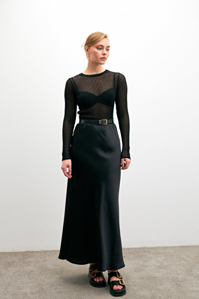 Bipantolon Жіноча чорна спідниця з еластичним поясом, з атласу, з воланами