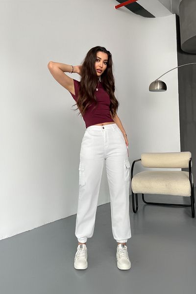 BİKELİFE White Cargo Pocket Gabardine Fabric Trousers