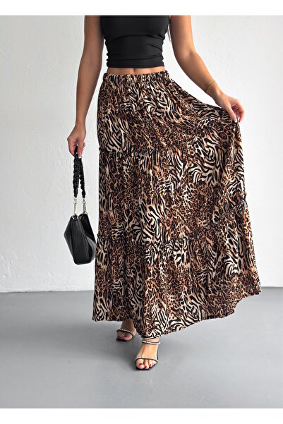 YUSUF CAN KARATAŞ KARATAŞ GİYİM Women's Large Size Leopard Pattern Elastic Waist Ruffled Woven Fabric Long Skirt Length 100 cm