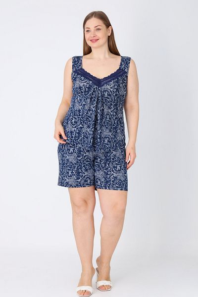 İntensive Navy Blue Lace Strap Large Size Viscose Bottom Top Nightgown Set