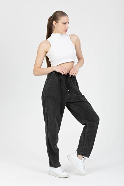 LUXERRA - Antrasit Renkli Cepli Beli Lastikli Ince Yazlık Keten Ham Bez Şalvar Pantolon