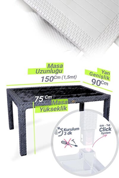nar sokağı Camsız Beyaz 90x150 Cm Rattan Bahçe Balkon Masası