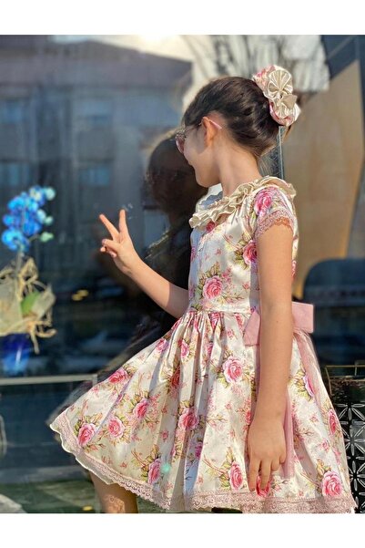 Genel Markalar Kız Çocuk Avangard Tarzı Çiçekli Krem Elbise+toka