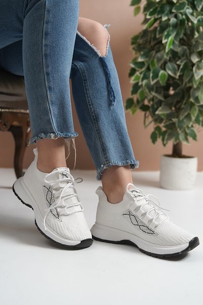 Lolita Love Shoes Luan White Knitwear Stone Lace-Up Sports Shoes