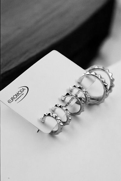 EUROMODA 3 Size Serrated Silver and Gold Colors Set of 3 Earrings with Hoop Earrings