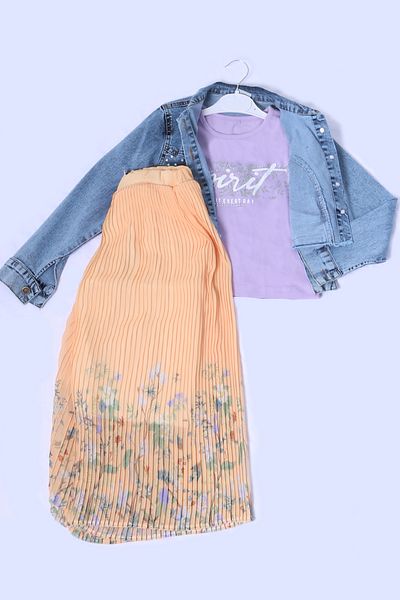 HÇM Girl's 3L Suit Jeans & Jacket with Stone Embroidered Ruffles A53