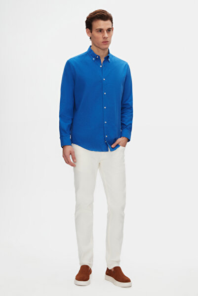 D'S Damat Πουκάμισο Ds Damat Comfort Saks με μπλε γιακά με κουμπιά, χαλαρή εφαρμογή από λινό 100% βαμβάκι