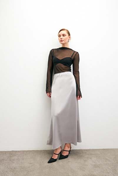 Bipantolon Fusta evazată din satin drapat cu talie gri pentru femei