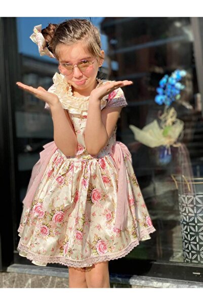 Genel Markalar Kız Çocuk Avangard Tarzı Çiçekli Krem Elbise+toka