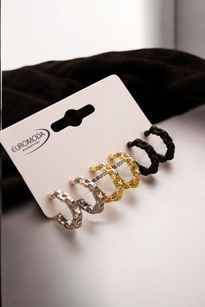 EUROMODA Set of 3 Hoop Earrings in Gold, Silver and Black Colors