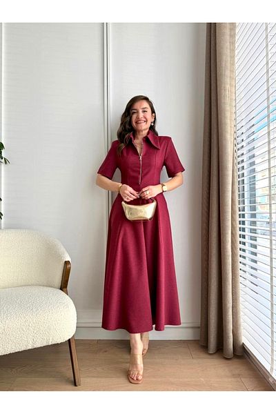 Afiş Butik Burgundy Collar Zippered Midi Dress