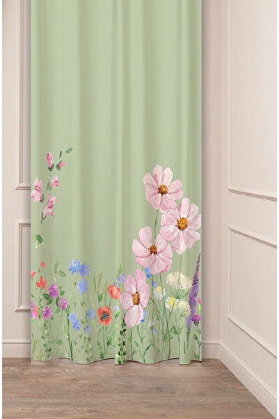 GREENDECOR Floare, frunze de margaretă, verde, model boem, design special, digital cu imprimeu (un singur aripă), perdea modernă de fundal