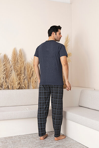 Sude HOMEWEAR Men's Short Sleeve Top K.Indigo Bottom Black Plaid Pajama Set