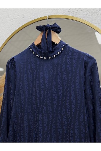 Ebrar Store Hafsa Jacquard Dress with Tied Sleeves-El1888 Navy Blue