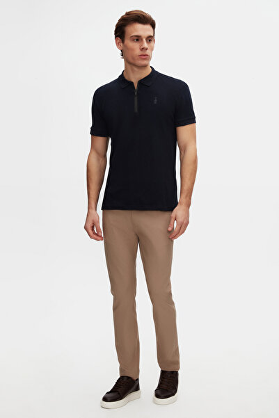 Twn Μπλουζάκι με λαιμόκοψη πόλο με μισό φερμουάρ με υφή Navy Blue Slim Fit