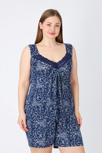 İntensive Navy Blue Lace Strap Large Size Viscose Bottom Top Nightgown Set