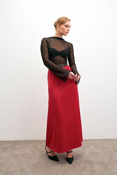 Bipantolon Women's Red Elastic Waist Flowy Satin Flared Skirt