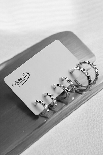 EUROMODA 3 Size Serrated Silver and Gold Colors Set of 3 Earrings with Hoop Earrings