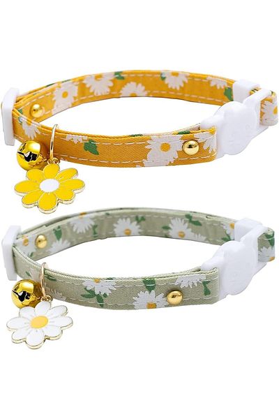 COOYA 2Pack Breakaway Collar, Adjustable Bell Collar with Floral Pendant Cotton Pet Safety Accessories