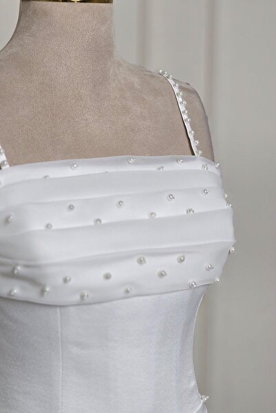 Yonca Moda Evi Beyaz İnci Çiçekli Midiboy Tasarım 7955