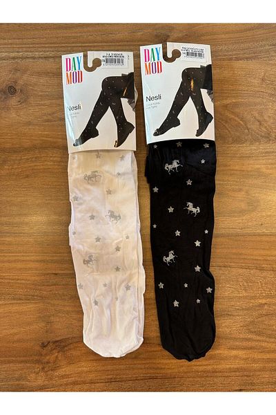 Daymod Generation Glitter Star Unicorn Tulle Children's Pantyhose Black-White 2 Pcs