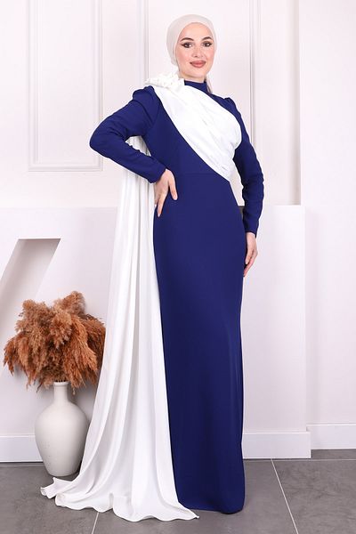 İmajButik Βραδινό φόρεμα Saks Blue Shoulder Rose με λεπτομέρειες