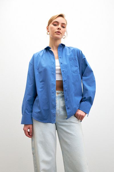 Bipantolon Cămașă de damă, albastră, oversize, de bază, cu buzunar, din popelin, cu mânecă lungă