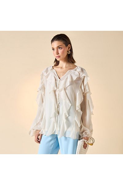 Iconic Ruffle Detail Top with V-neck and Long Sleeves