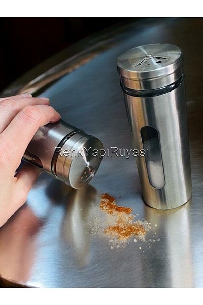 RENK YAPI RÜYASI Stainless Steel and Glass Double Set - Salt, Pepper Shaker, Spicy 8 cm and 14 cm