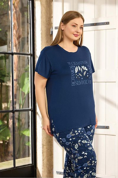 Aydoğan Women Pearl Plus Size Short Sleeve Navy Blue Pajamas Suit 0140