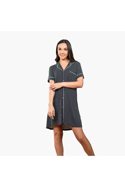 Aadaraya Polka Dot Print Sleepshirt With Collar