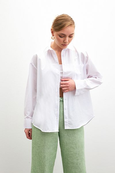 Bipantolon Cămașă albă oversize de bază cu mânecă lungă din popelin cu buzunar