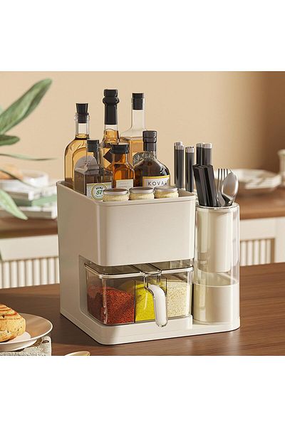 COOYA 4 in 1 Kitchen Spice Storage Rack with Tableware & Utensil Holders, Space Saving Storage Organizer