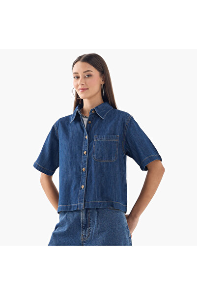 Lee Cooper Denim Cropped Shirt with Collar and Short Sleeves