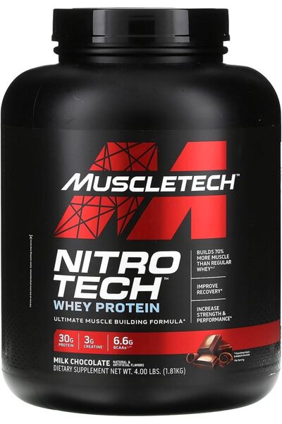 MUSCLETECH مسحوق بروتين مصل اللبن نيترو-تك مع الكرياتين لنمو العضلات، شوكولاتة الحليب - 4 أرطال