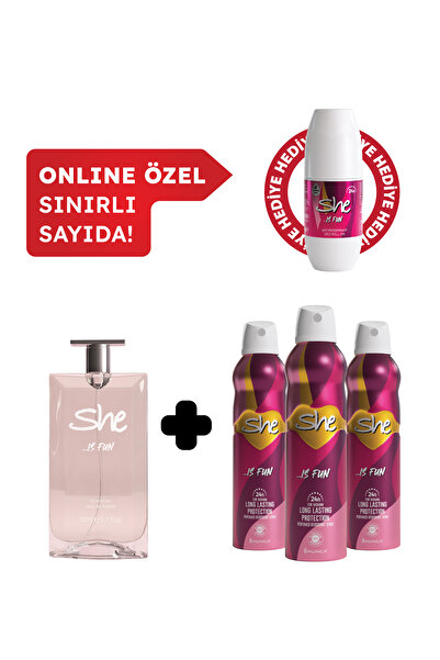 She Is Fun Kadın Edt Parfüm 50 ml & Deodorant 3*150 ml Avantajlı Set, Roll On hediyeli!