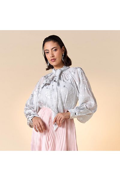 Iconic Foil Print Top with Long Sleeves and Bow Tie Detail