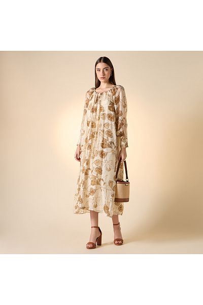 Iconic Iconic Floral Print Trapeze Dress with Long Sleeves